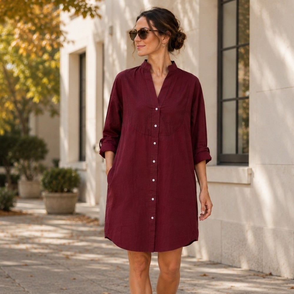 Frank Eileen Tori Shirtdress S Red Maroon Tuxedo Oversized Long Sleeve Lagenlook